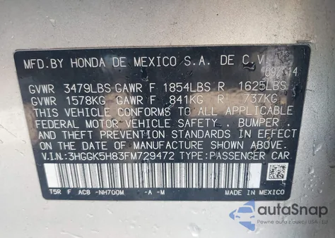 2015 Honda Fit Ex/Ex-L из США, поврежденный, VIN 3HGGK5H83FM729472